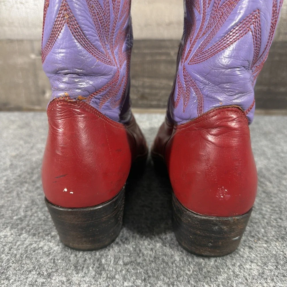 Vintage Botas Patros Leather Cowboy Boots Red Purple Stitch Western Cowgirl 10.5